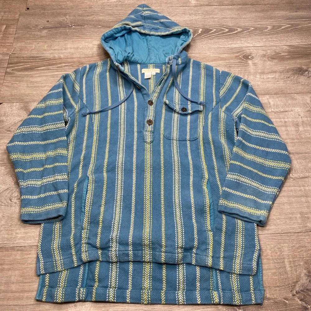 The Territory Ahead Hoodie Mens M Blue Striped Woven Cotton Baja Pullover Surf